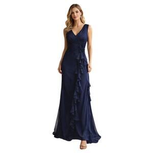 Navy Blue Asymmetrical Ruffle Evening Gown M/L